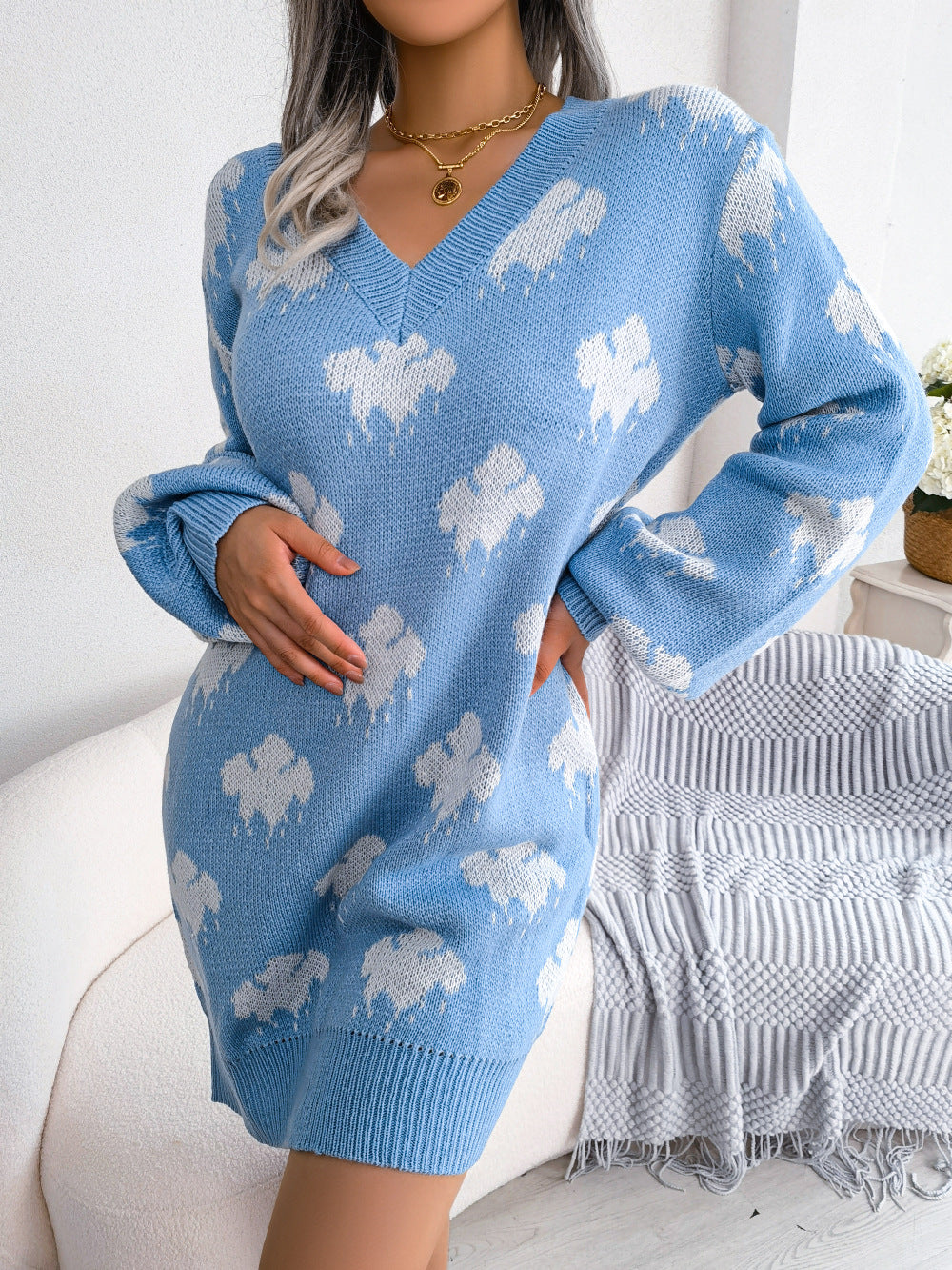Women's Style Contrast Color Cloud Lantern Sleeve Dress