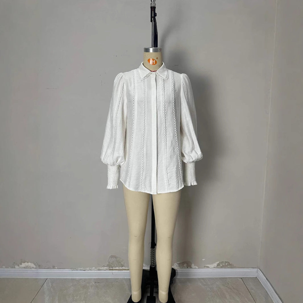 Collar Lantern Sleeve Design Fabric Lace Exquisite Blouses