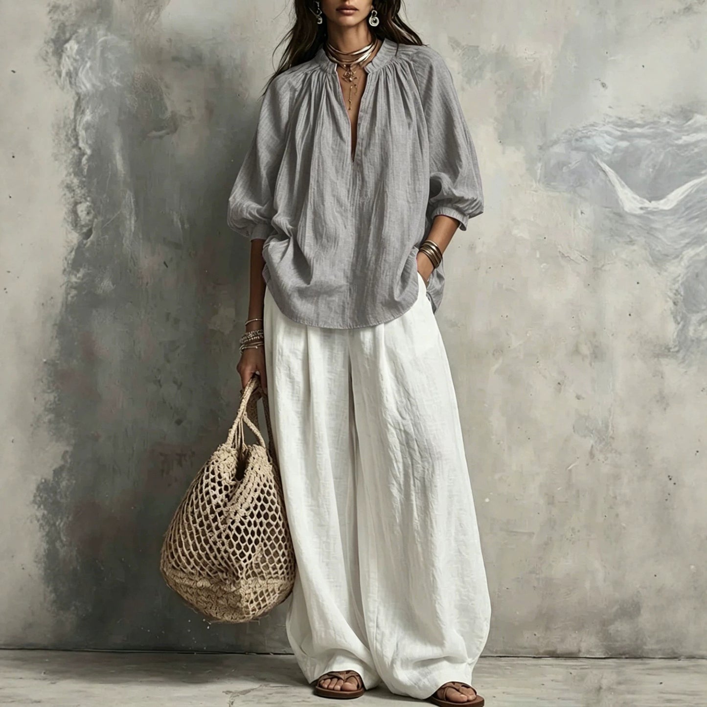 Summer Cotton Linen Puff Sleeve Shirt Wide Fashion Casual Suit