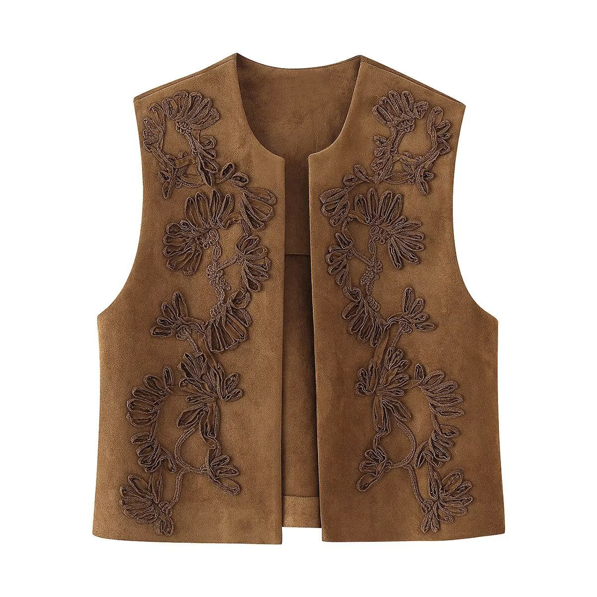 Women's Embroidered Suede Texture Round Neck Vests