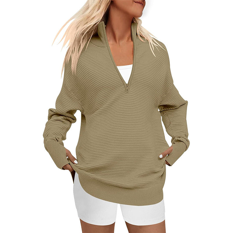 Women's Batch Long Sleeve Half Zipper Casual Sweaters