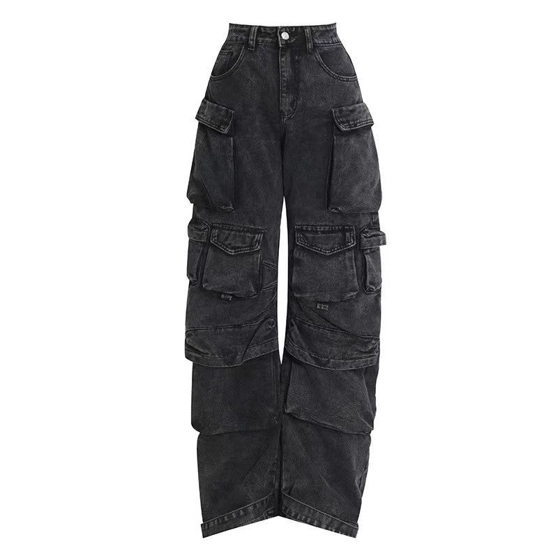 Fashion Smoky Gray Stitching Cargo Casual Pants