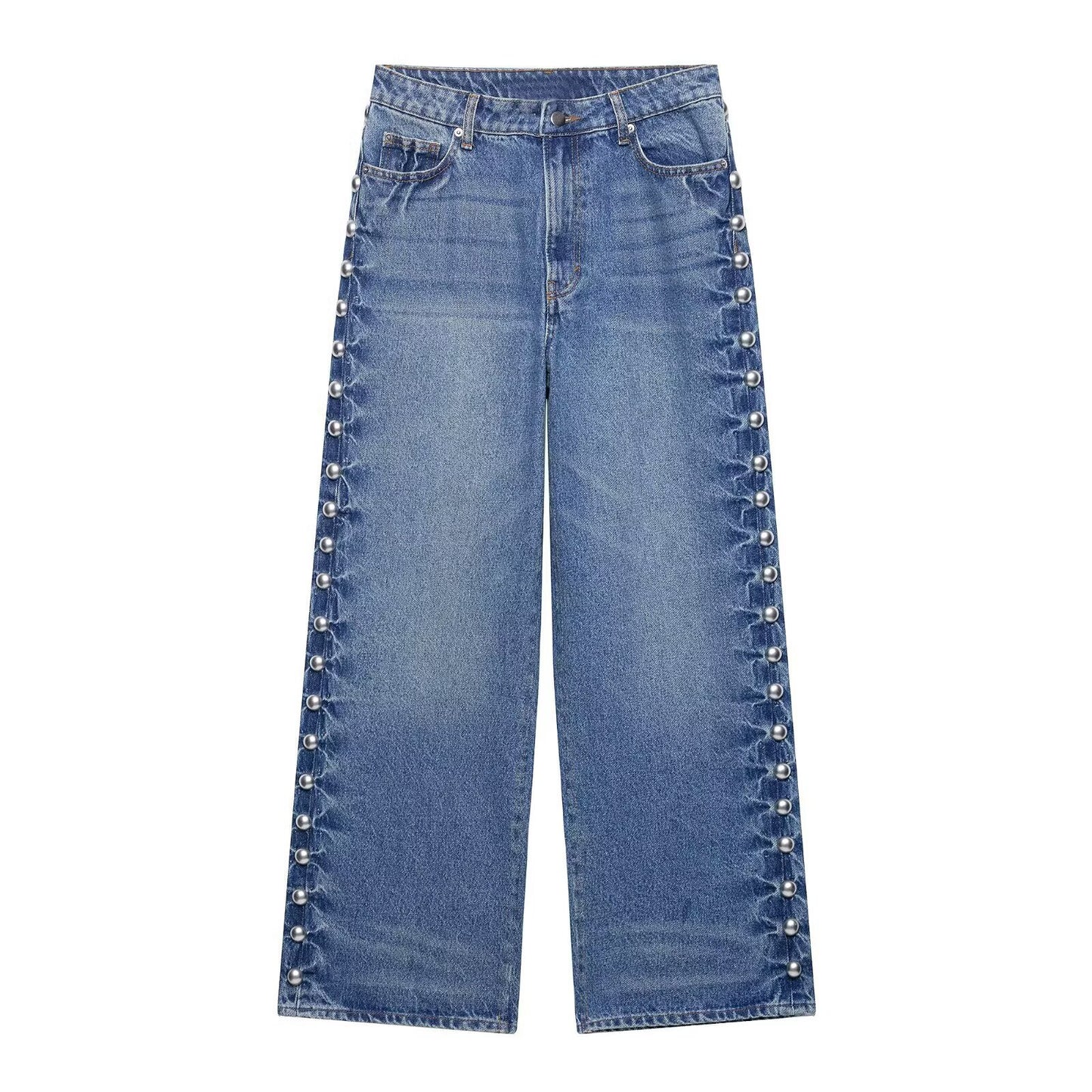 Women's Side Round Beads Decorative Rivets Jeans