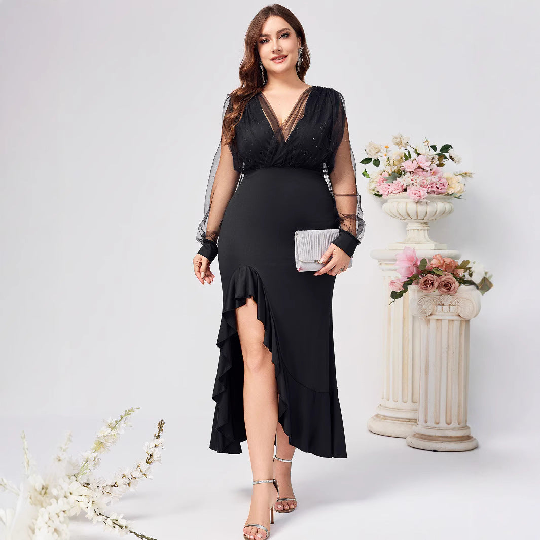 Women's Collar Net Yarn Sleeve Elegant Large Dresses