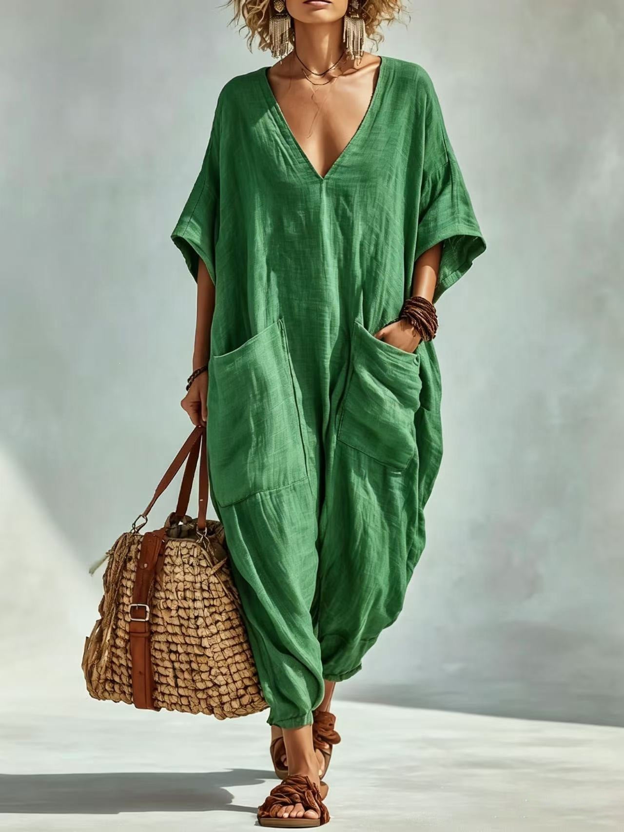 Women's Cotton Linen Loose Large Pocket Bloomers Beach Jumpsuits