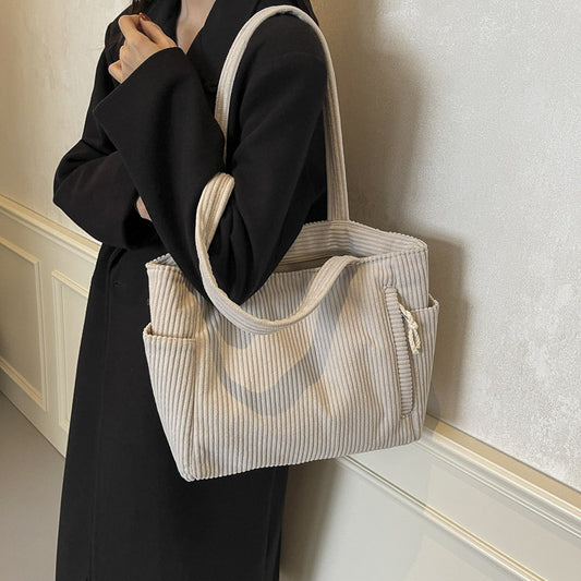 Corduroy Retro Solid Color Portable Shopping Shoulder Bags