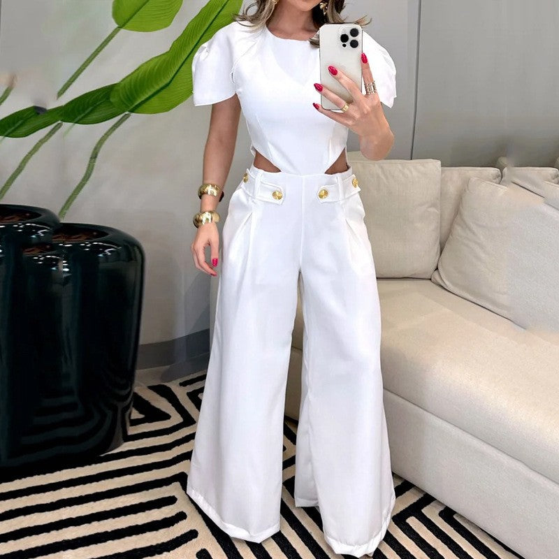 Button Zipper Waist Hollow Solid Color Jumpsuits