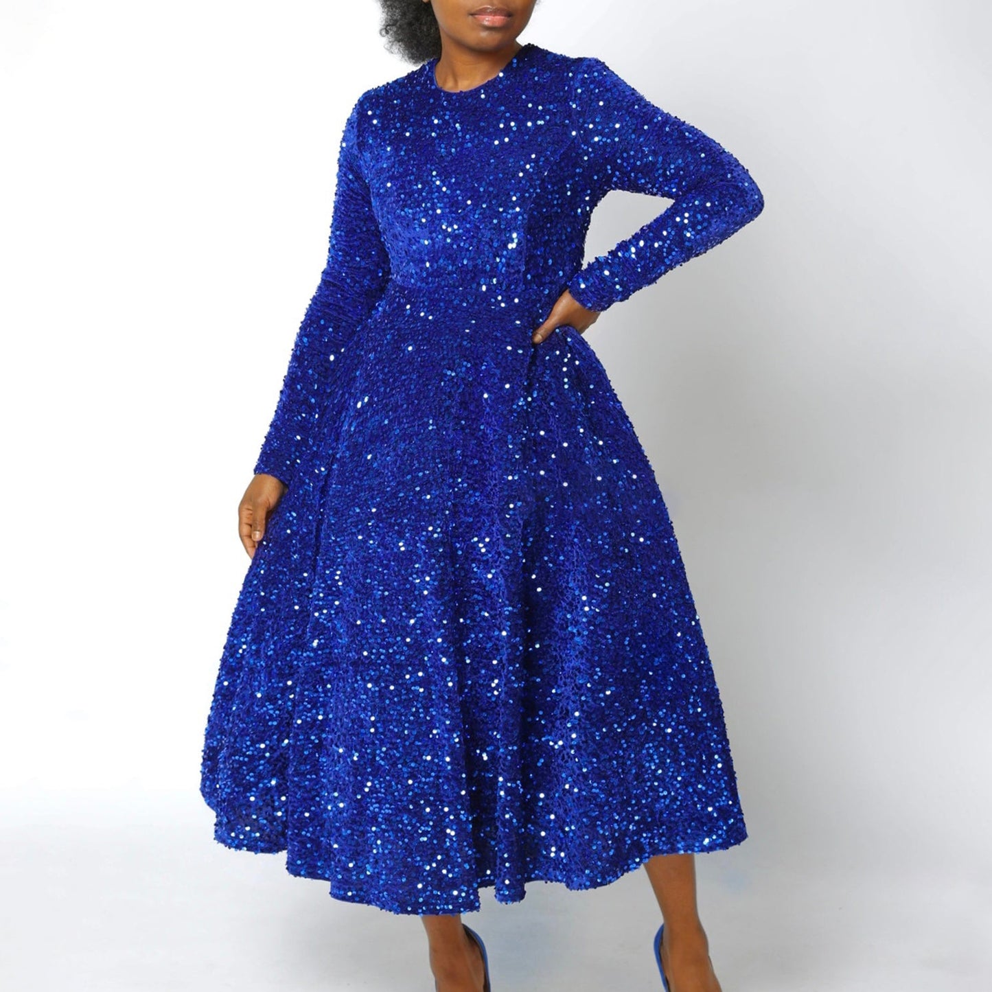 Women's Neck Long Sleeve Pure Color Sequins High Waist Temperament Mid-length Dress