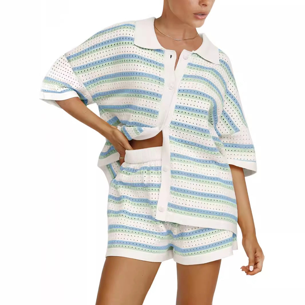 Women's Fashion Polo Collar Sleeve Striped Knitted Single-breasted High Waist Suits