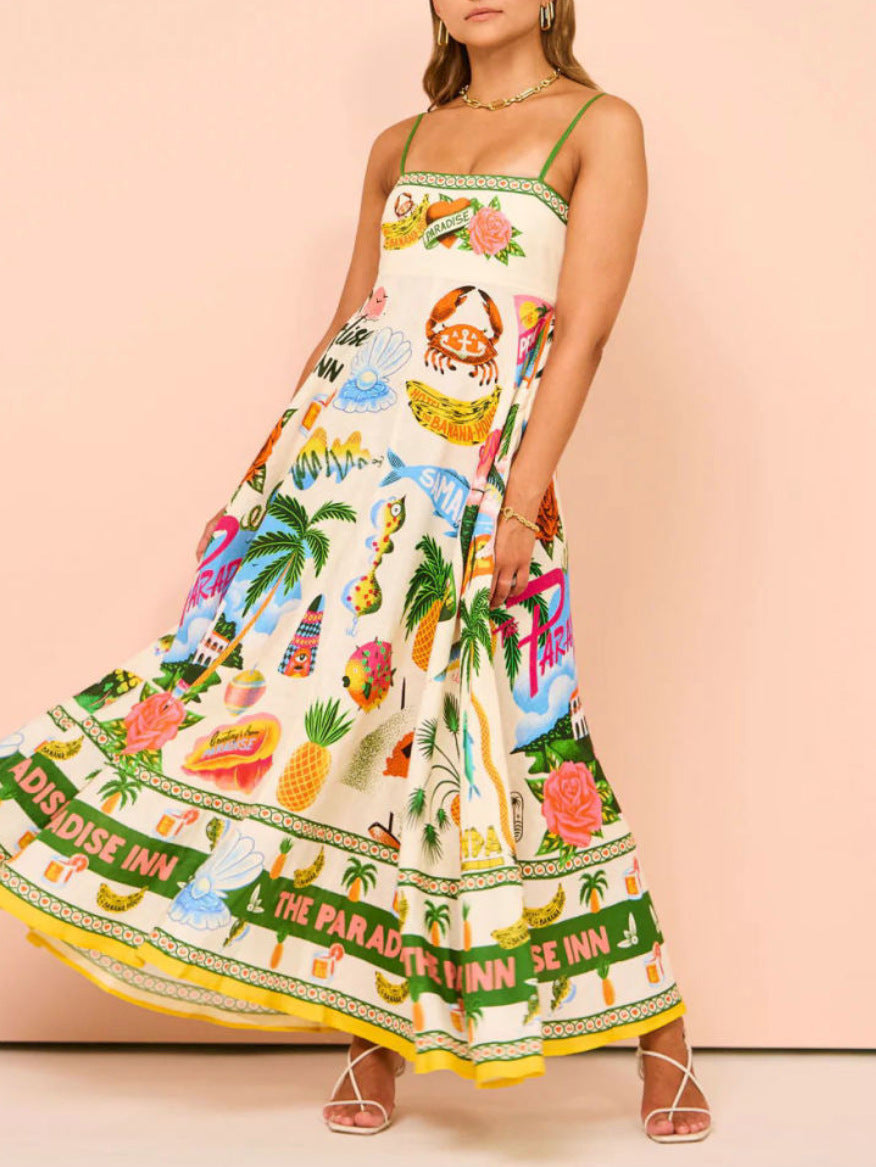 Women's Sexy Sling Iti Printing Sleeveless High Waist Large Dress