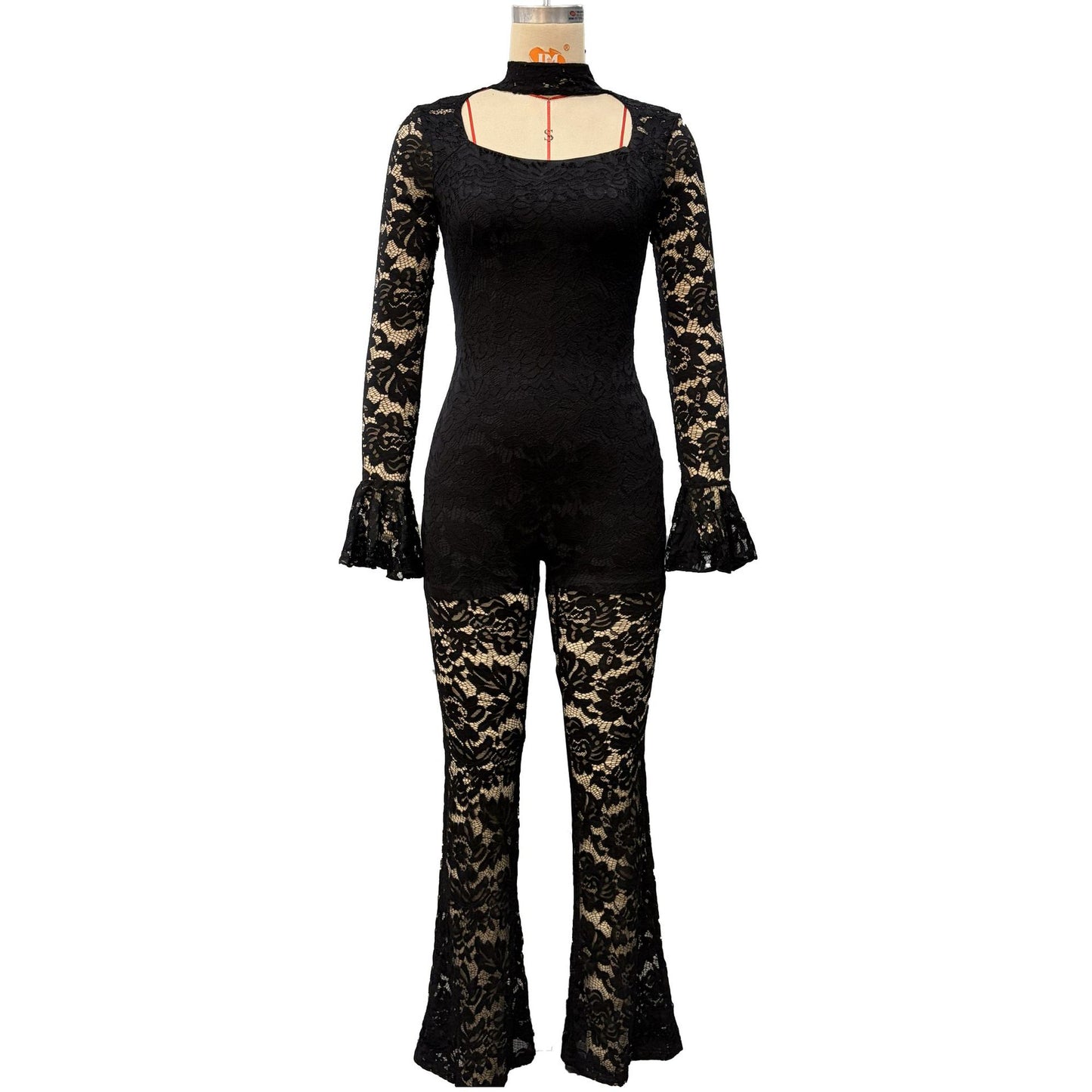 Women's Color Sexy Cutout Flared Long Sleeve Waist Jumpsuits