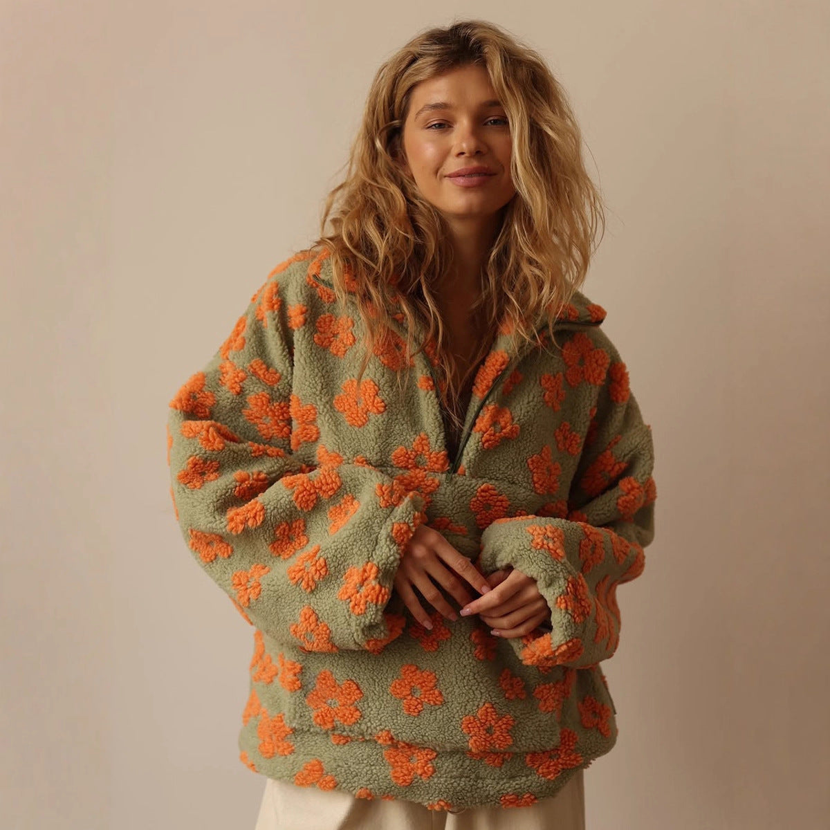Floral Loose Fleece Shirt Fashion Zipper Pocket Sweaters