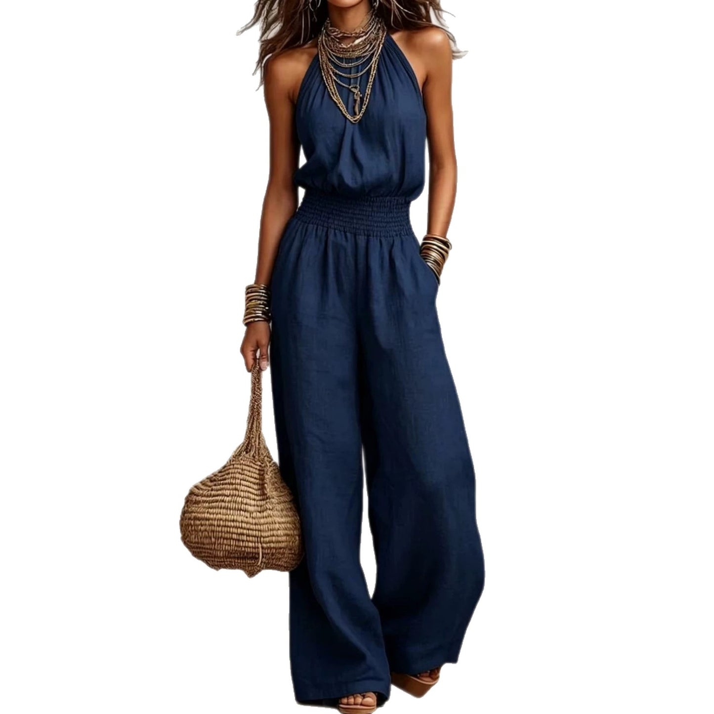 Durable Trendy Women's Sleeveless Linen Backless Women's Jumpsuit/clothing