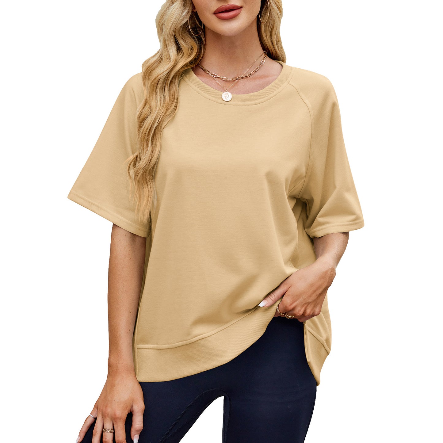 Women's Solid Color Thread Round Neck Shirt With Half Sleeve Shorts