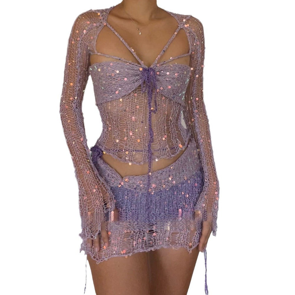 Comfortable Creative Women's Sequin Knitted Three-piece Fashion Casual Suit