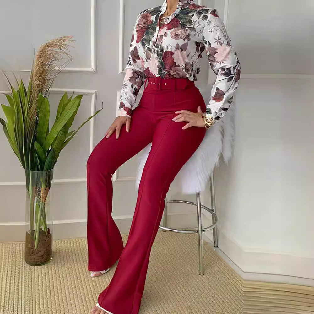 Collar Long Sleeve Shirt Wide Leg Suits