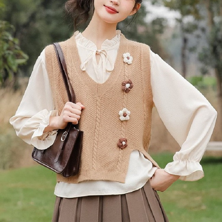 Artistic Retro Split Solid Color Three-dimensional Flower Loose Outer Women's Vest
