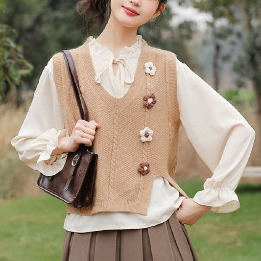 Artistic Retro Split Solid Color Three-dimensional Flower Loose Outer Women's Vest