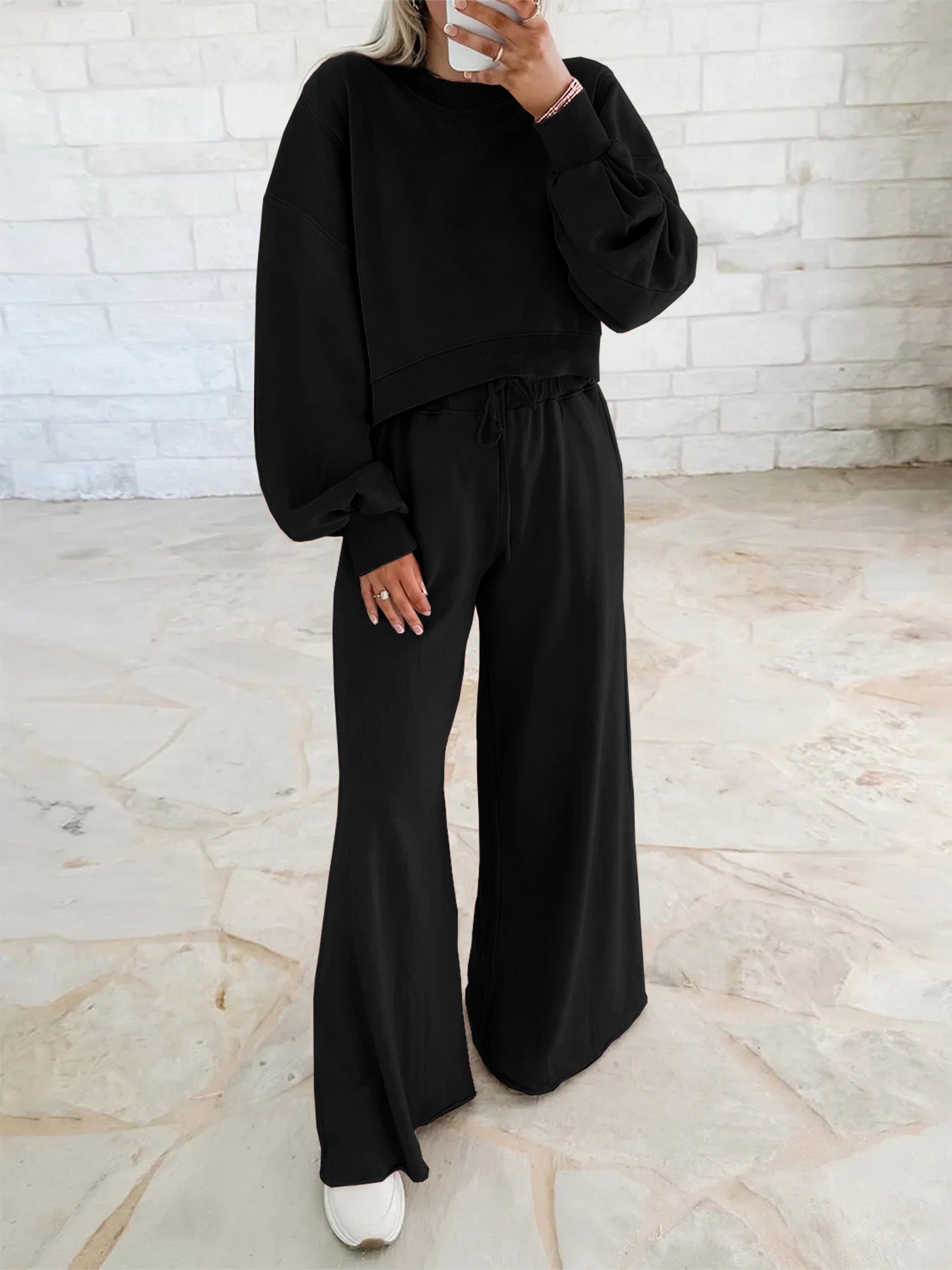 Women's Drop Shoulder Puff Sleeve Pullover Sweatshirt Suits
