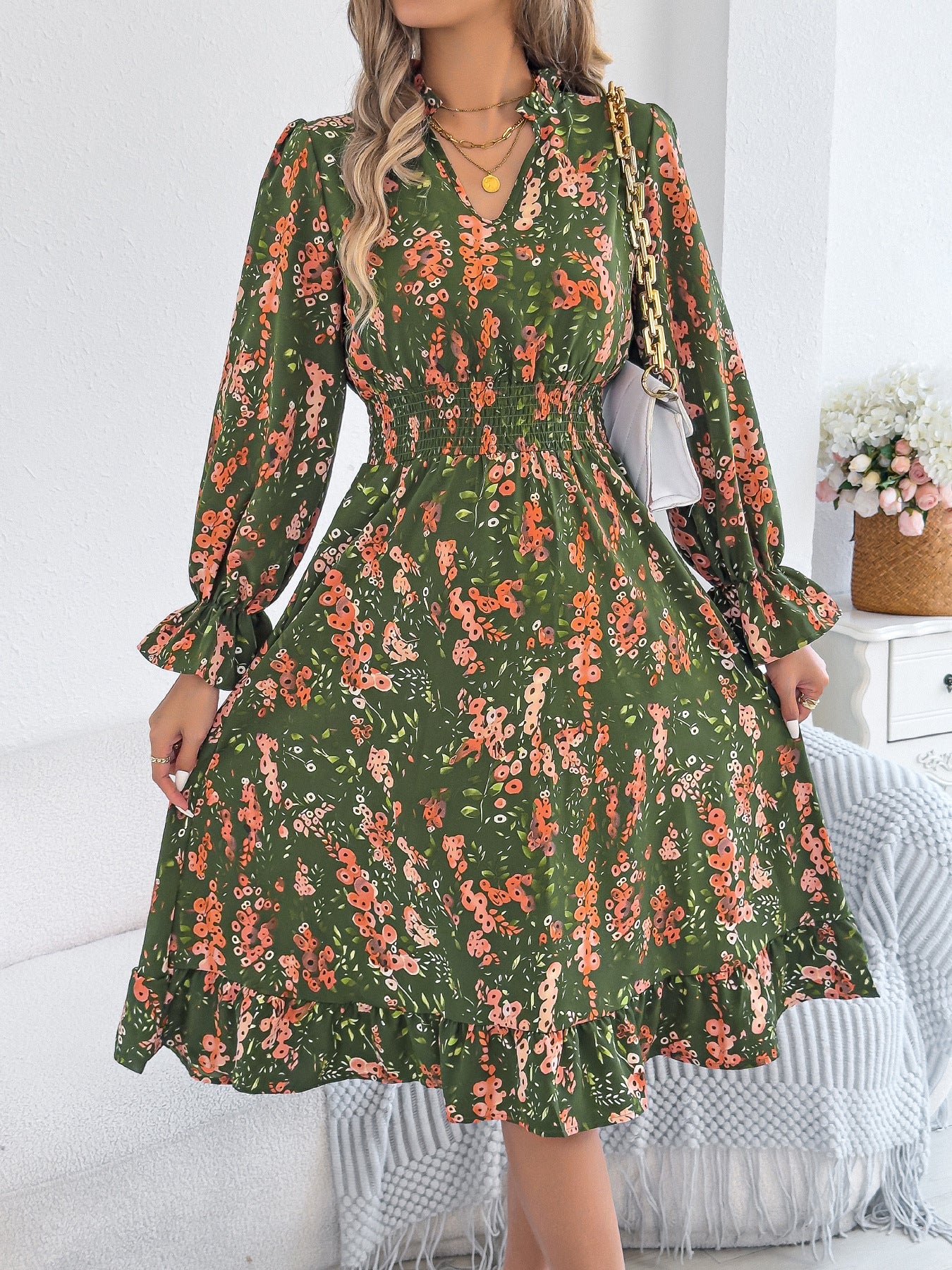 Women's Casual Floral Flared Sleeve Waist A- Dress