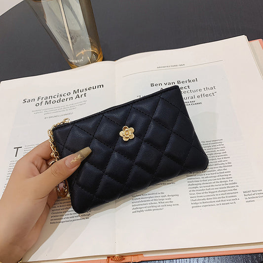 Women's Thin License Clamp Camellia Diamond Zipper Ladies Wallets