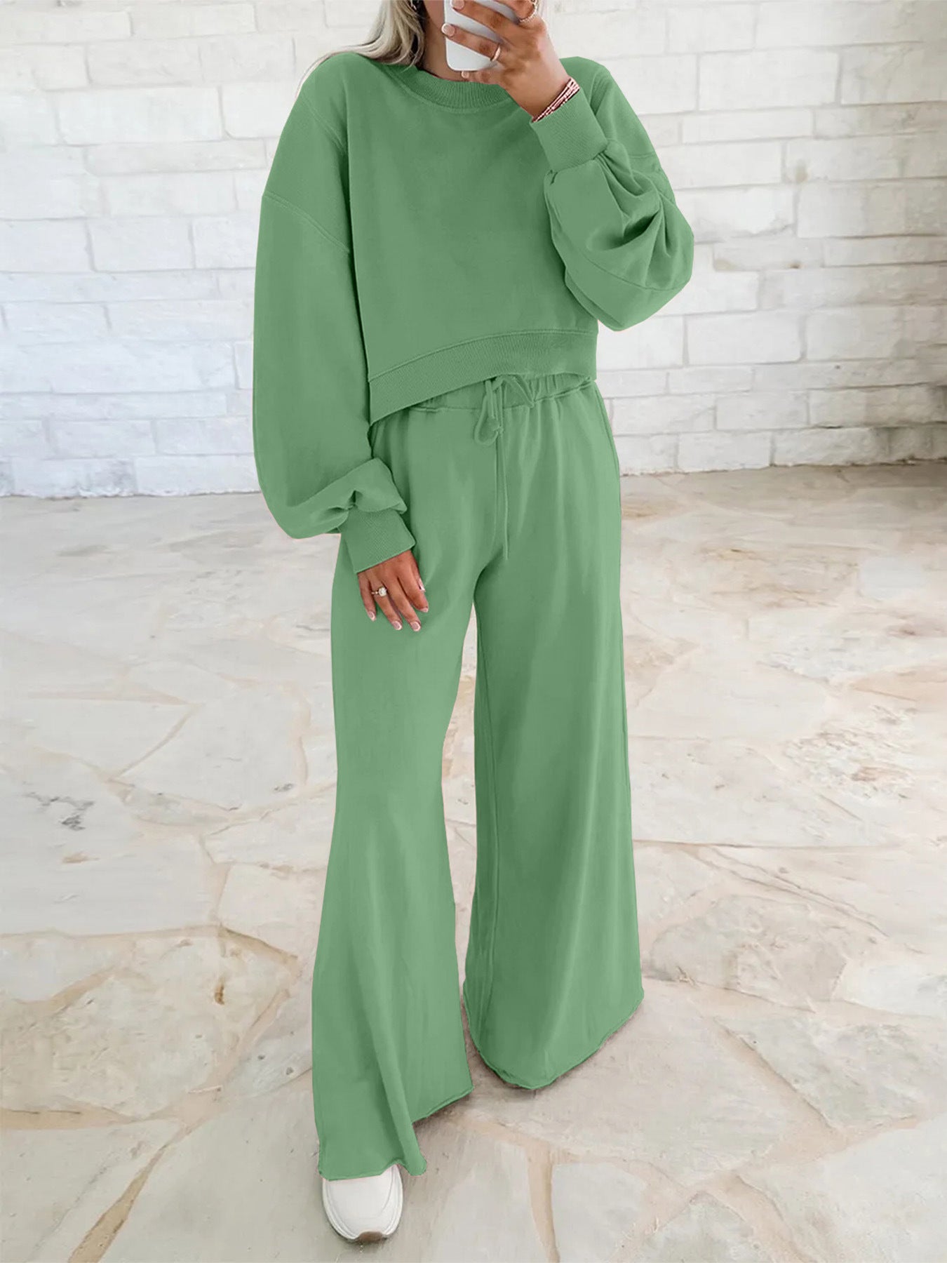 Women's Drop Shoulder Puff Sleeve Pullover Sweatshirt Suits