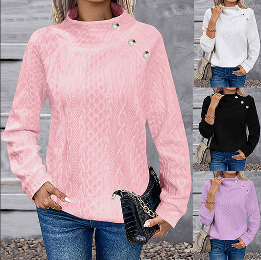 Women's Turtleneck Buttons Casual Fashion Sports T-shirt Sweaters