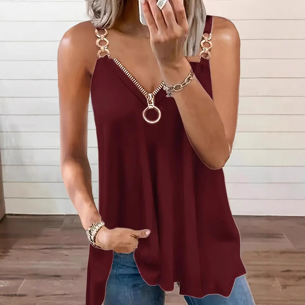 New Women's Sexy Sleeveless Strap Zipper Women's T-shirt