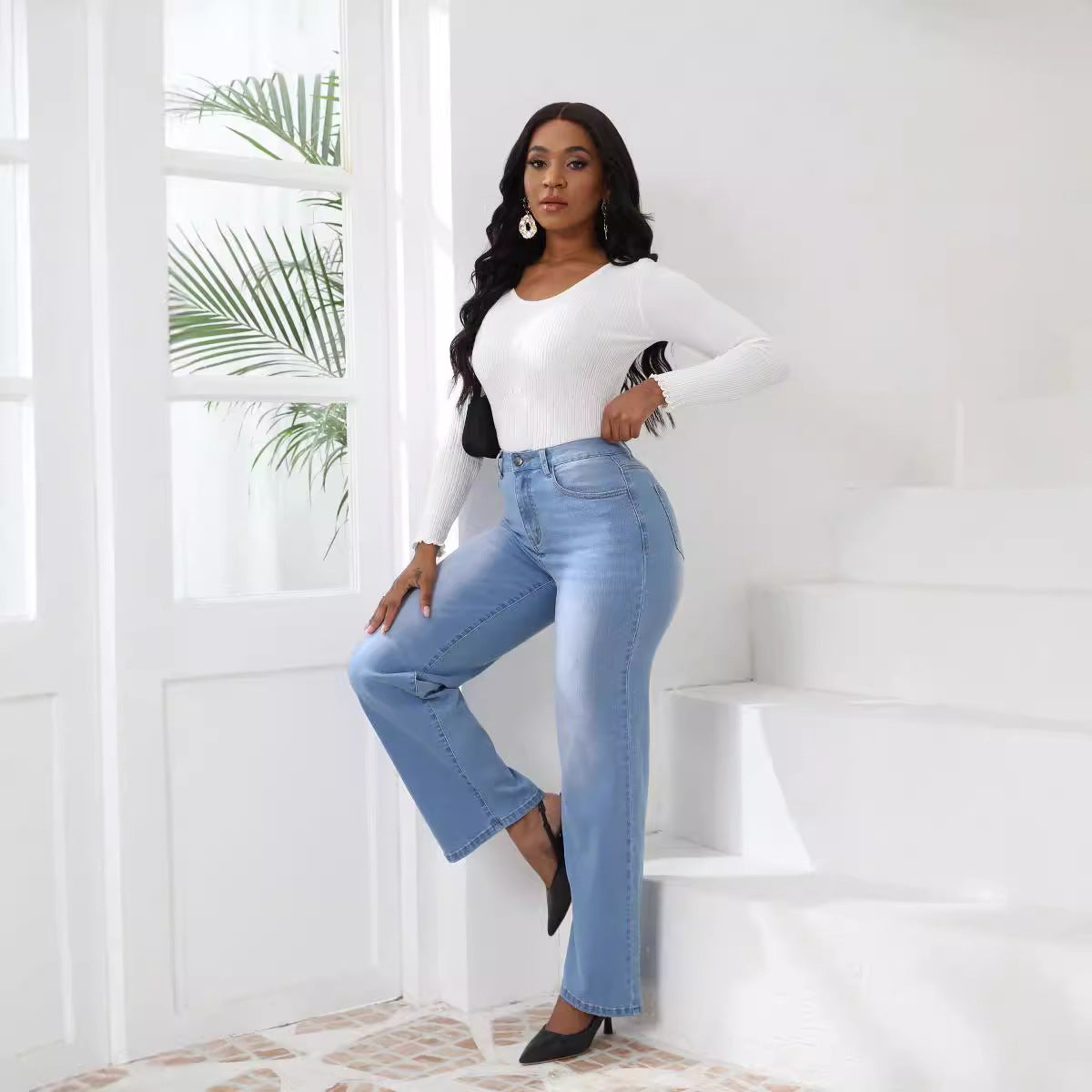 Women's Denim High Elastic Trousers Retro Straight Jeans