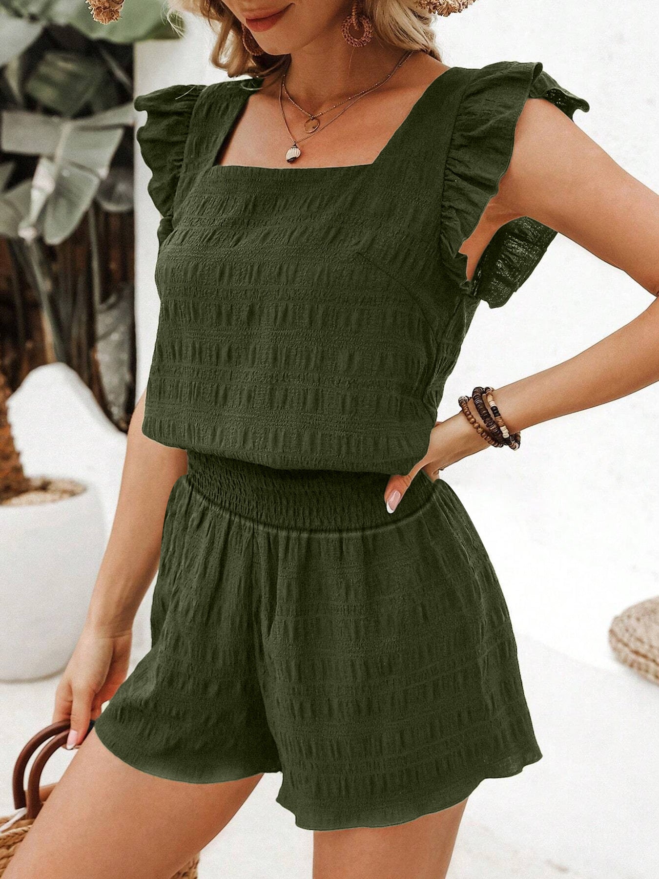 Classic Women's Summer Square Collar Ruffled Fashion Casual Suit