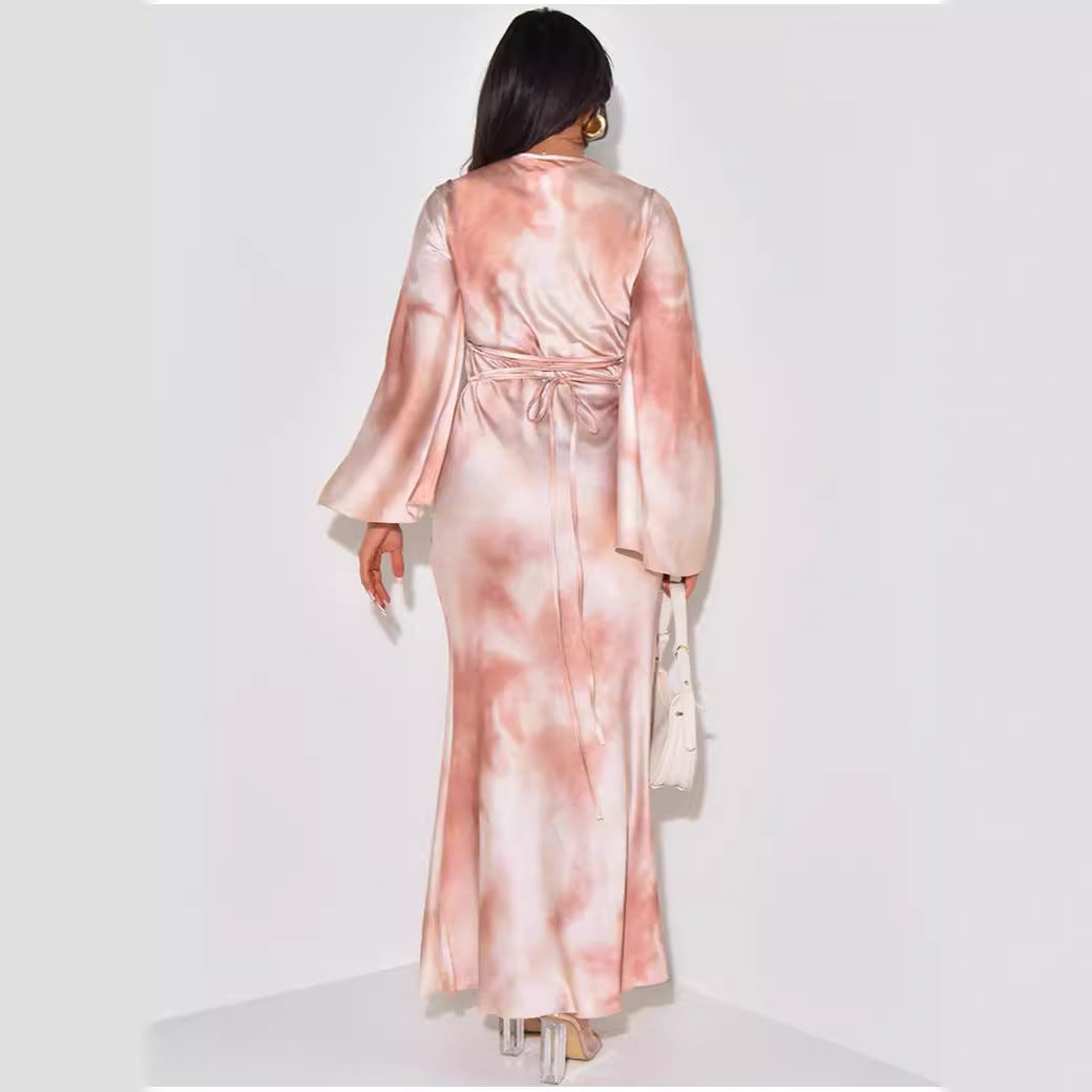 Loose Printed Casual Long Satin Dress Dresses