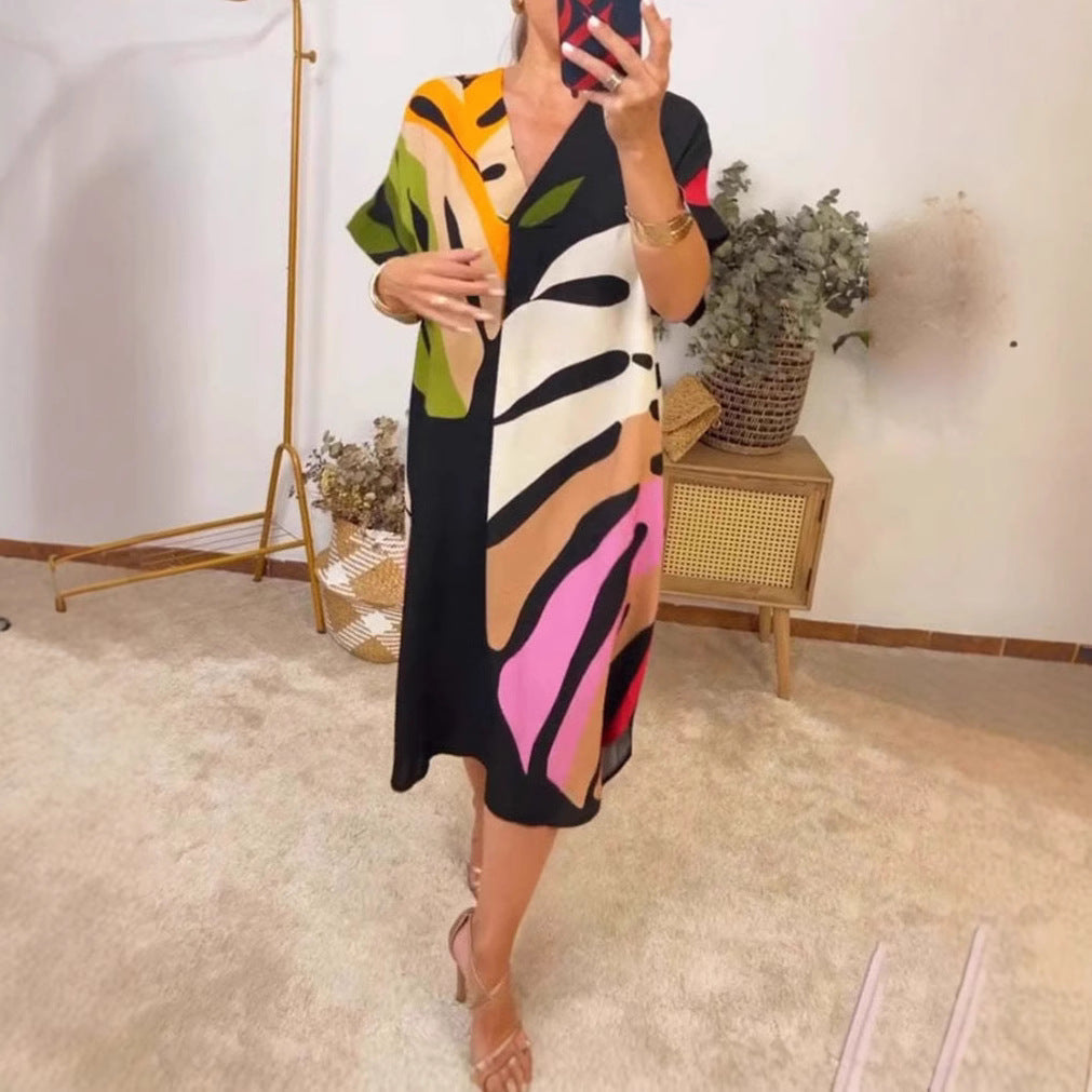 Glamorous Unique Colored Leaves Printed Casual Dress