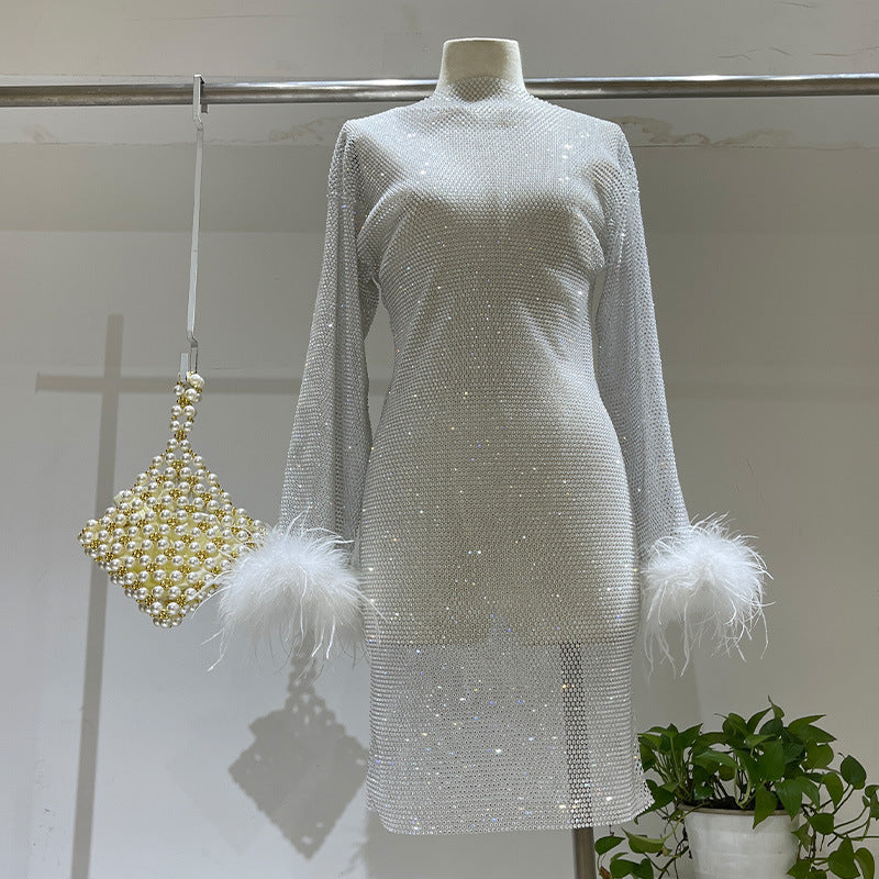 Fashion Luxury Hollow Mesh Ostrich Feather Slimming Bottoming Dresses