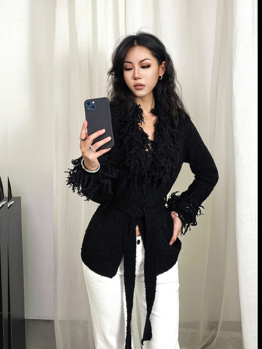 Women's Solid Color Hot Tassel Belt Long Sweaters