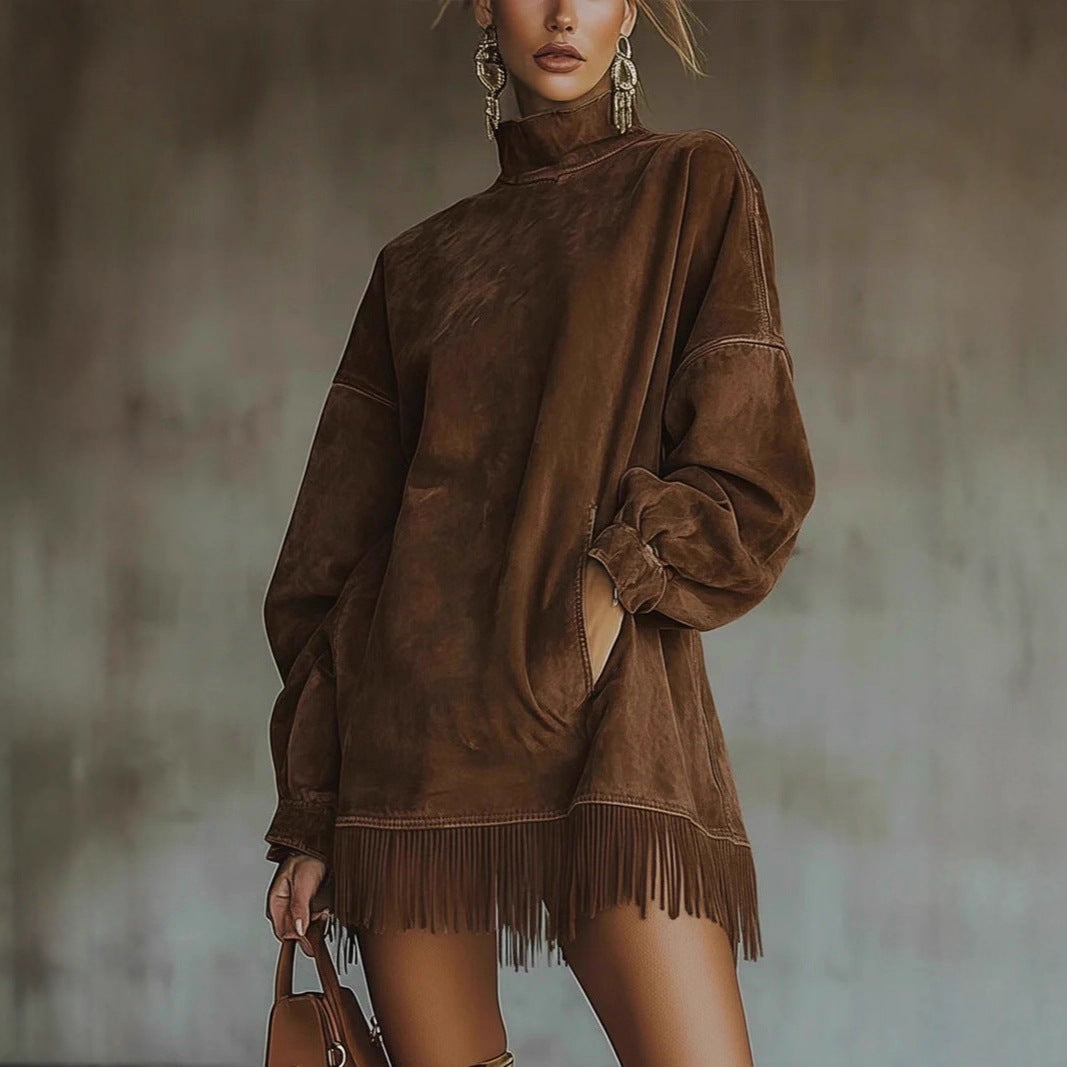 Suede Vintage Loose Pockets Tassel Long Dresses