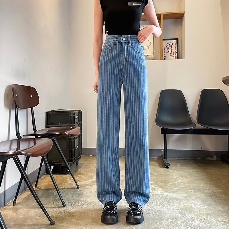 Women's Waist Slimming Wide Leg Woven Denim Striped Straight Casual Pants