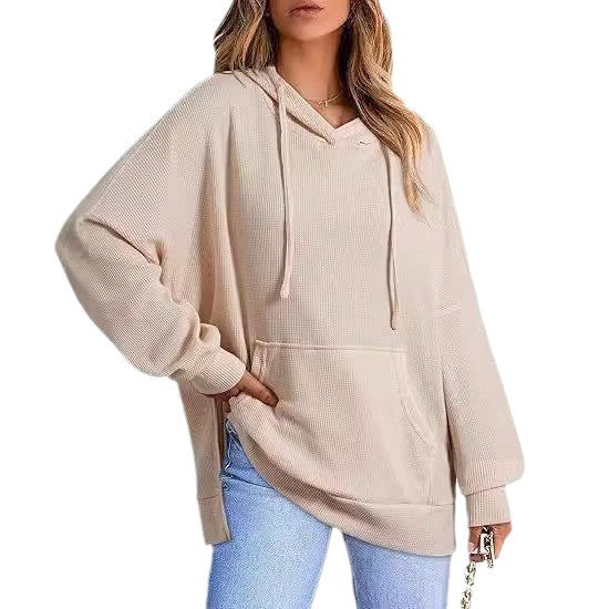 Women's Hoodie Waffle Knitted Side Slit Pullover With Pocket Women's Sweater, Sweater