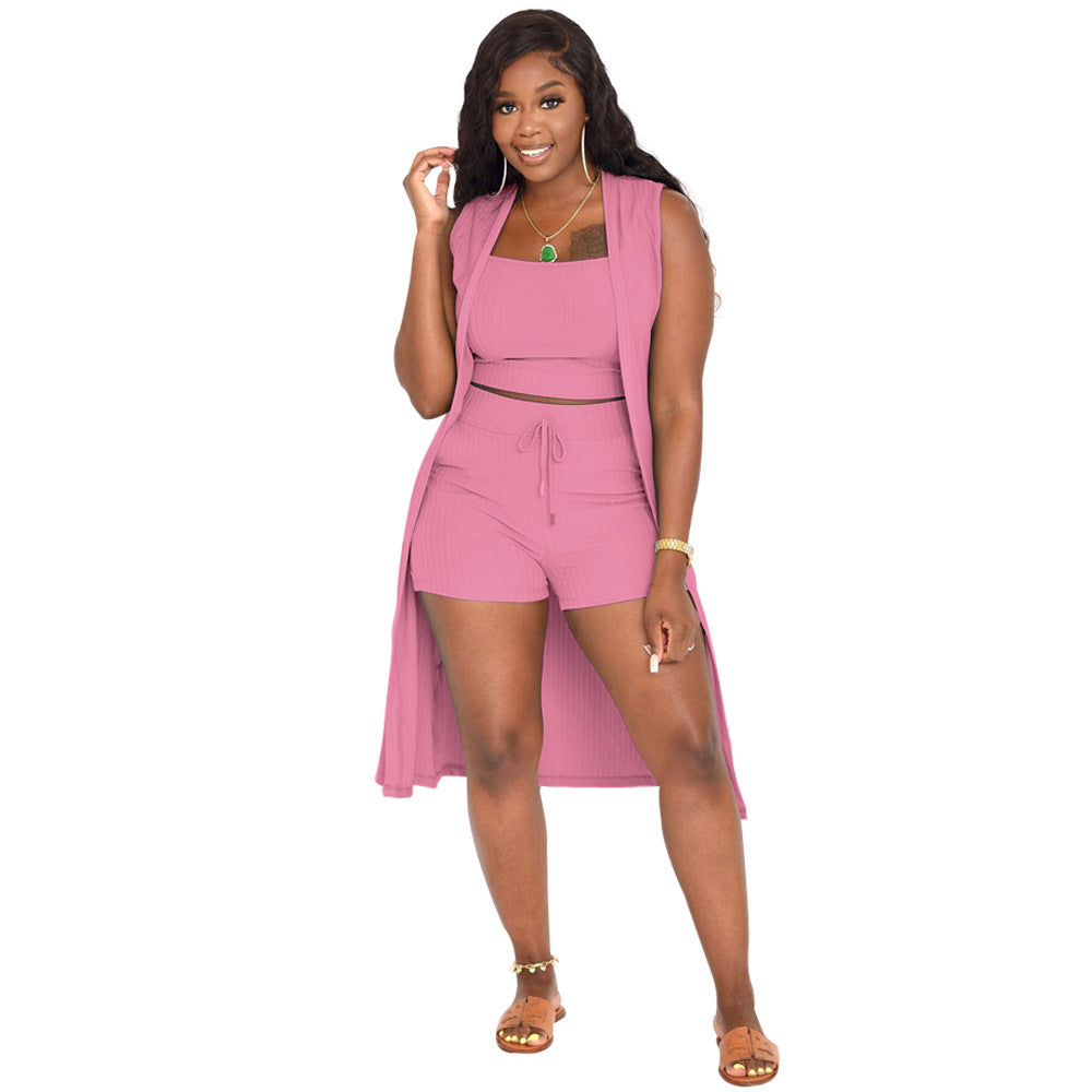 Women's Sunken Stripe Solid Color Three-piece Clothing
