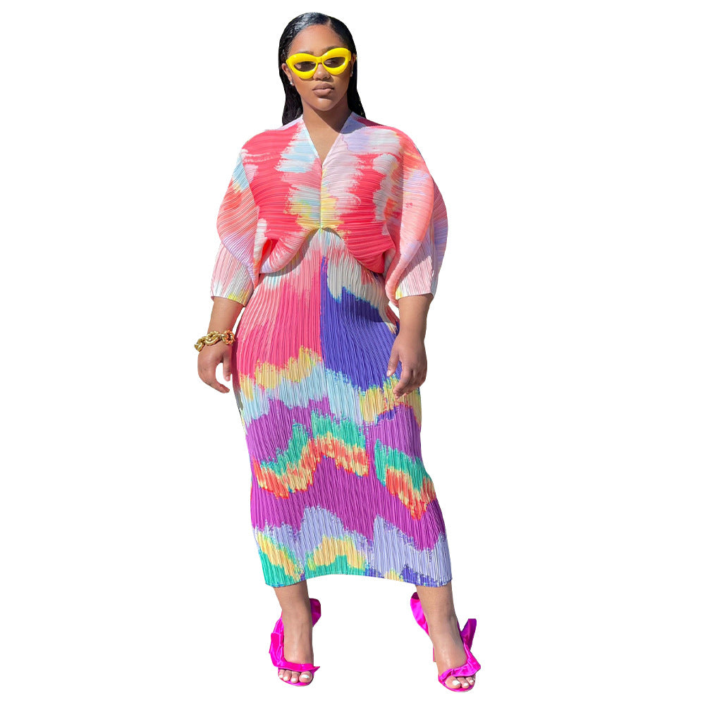Women's Summer Color Batwing Sleeve Printed Dress Dresses
