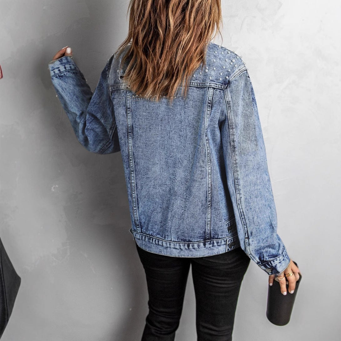 Unique Classic Lady's Denim Beaded Casual Jackets