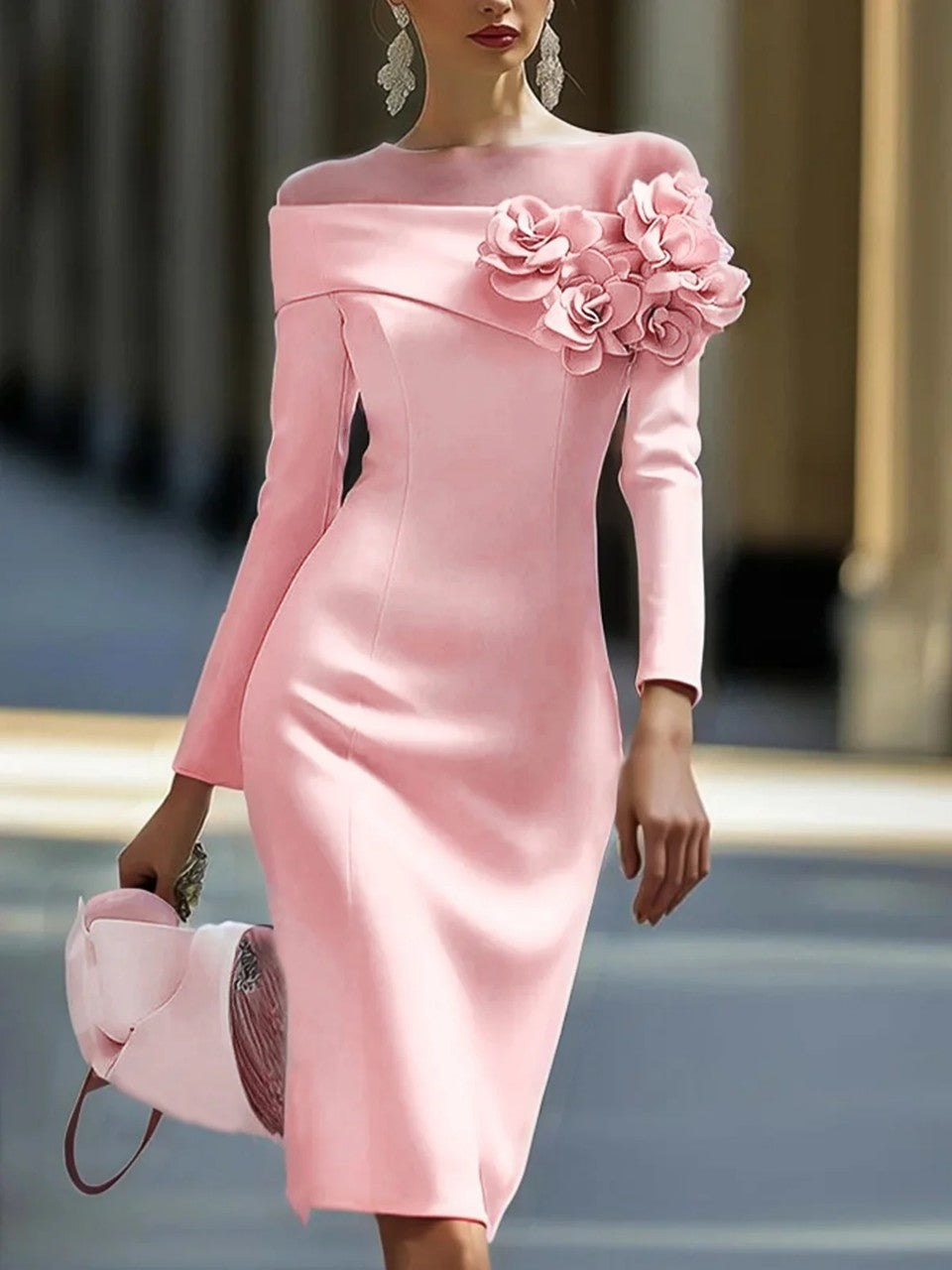 Women's Side Three-dimensional Flower Decoration Solid Color Dresses