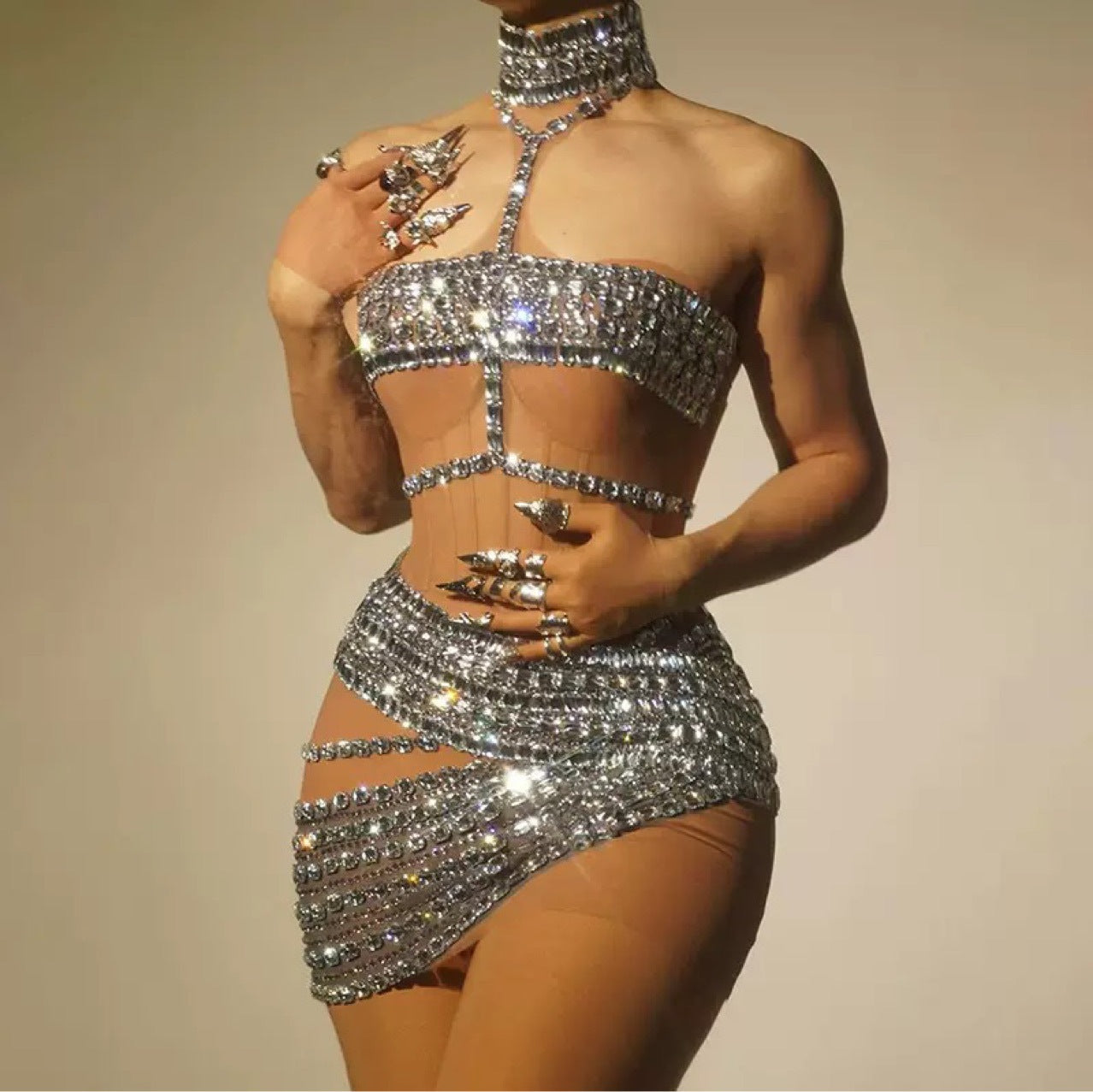 Luxury Rhinestone Sexy Halter Fake Two-piece Dresses