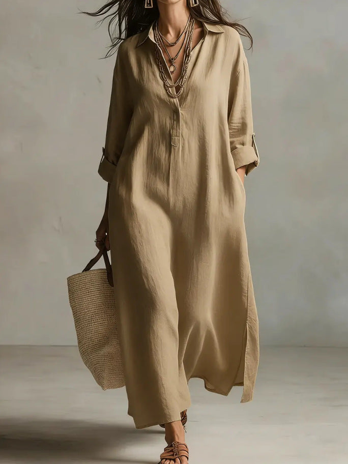 Cotton Linen Dress Solid Color Polo Collar Long Sleeve Fashion Casual Suit