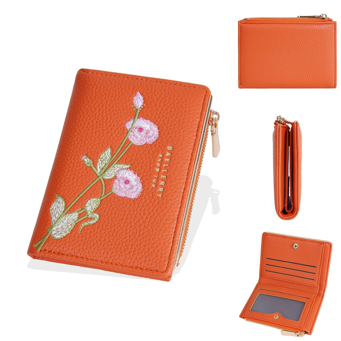 Women's Short Fashion Embroidery Litchi Pattern Flower Ladies Wallets