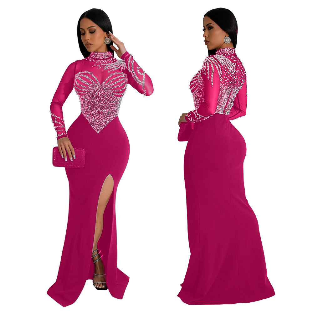 Women's Neck Long Sleeve High Slit Rhinestone Dress Dresses