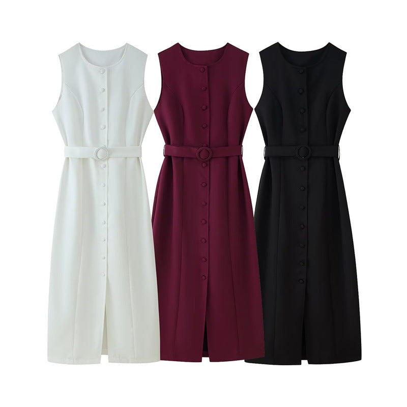 Women's Summer Round Neck Single-breasted Waistband Sleeveless Dresses
