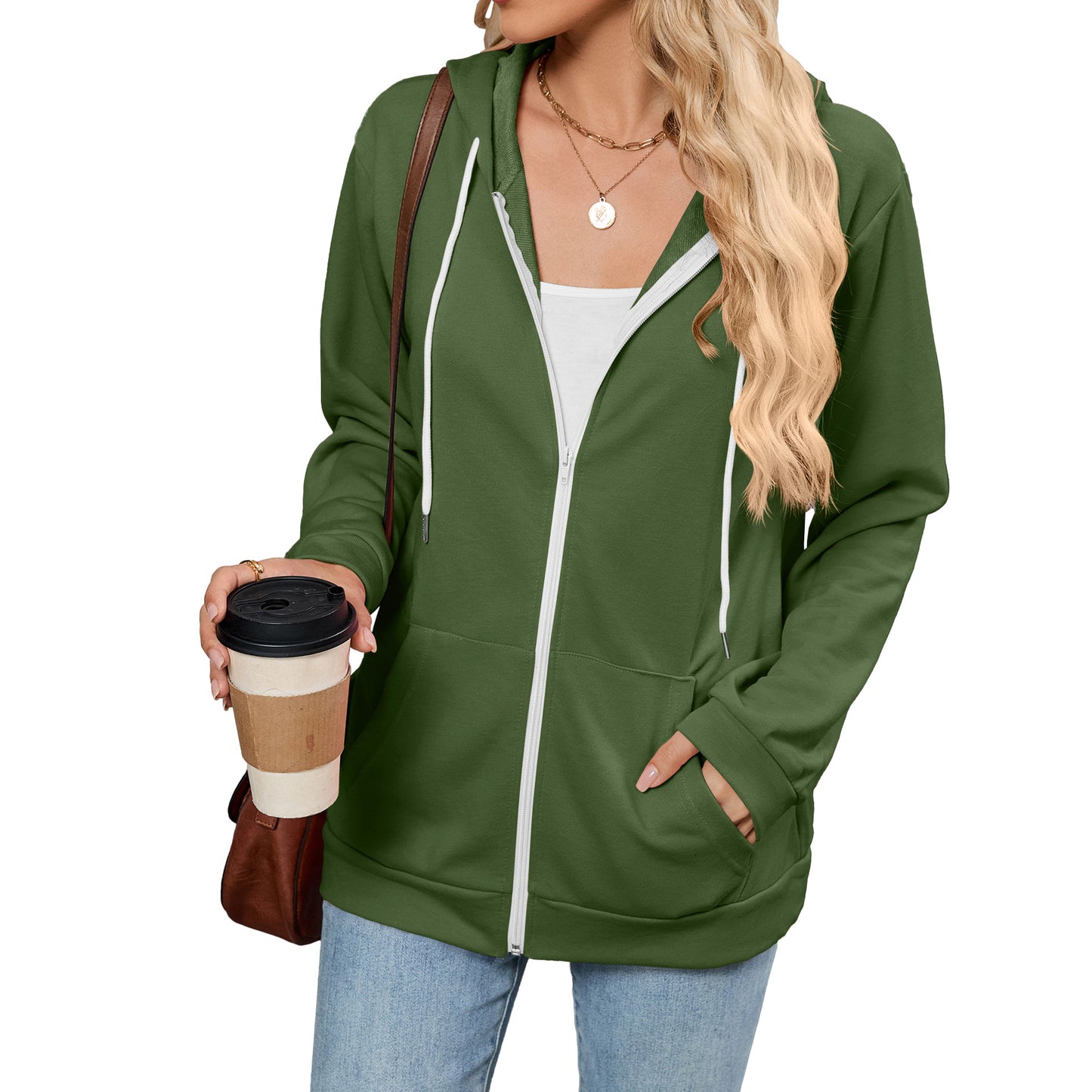 Women's Color Zipper Hooded Pocket Long Sleeve Tops