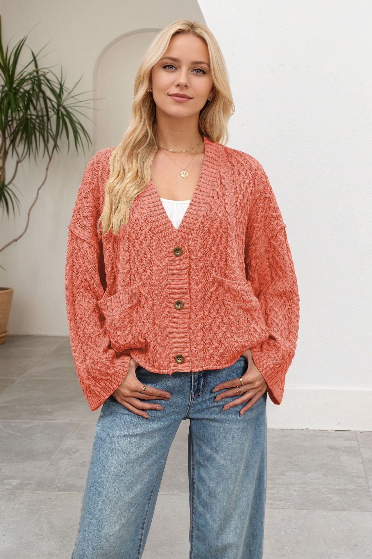 Solid Color Twist Single-breasted Double Pocket Sweaters