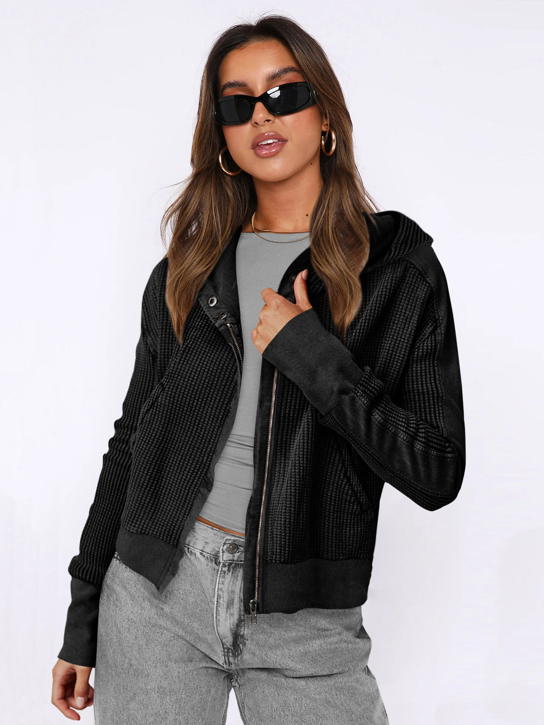 Women's Patchwork Hoodie Idle Style Zipper Hooded Sweaters