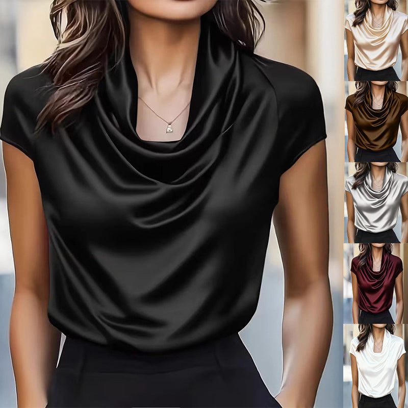 Women's Swing Collar Draping Effect Short-sleeved Shirt Tops